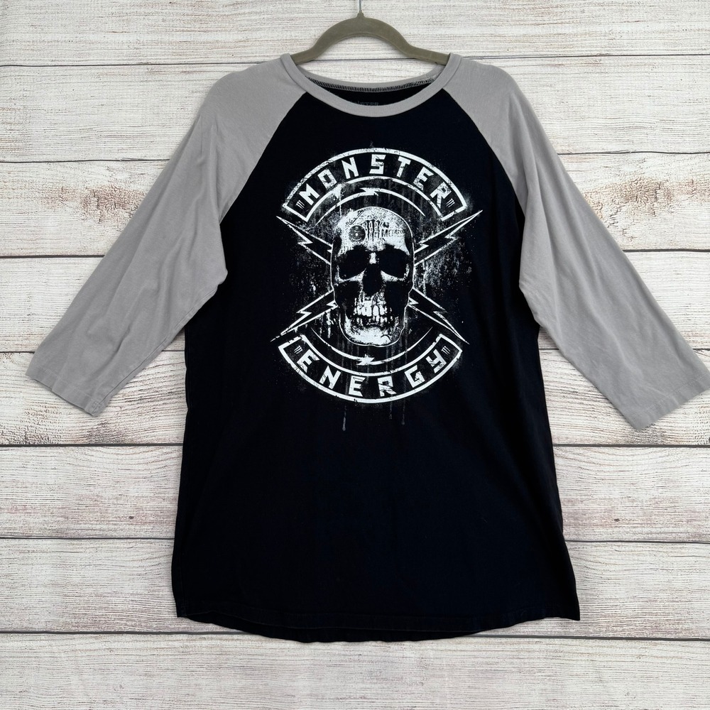 Monster Energy‎ Baseball Tee Mens Large Black Grey Skull Graphic Raglan Shirt